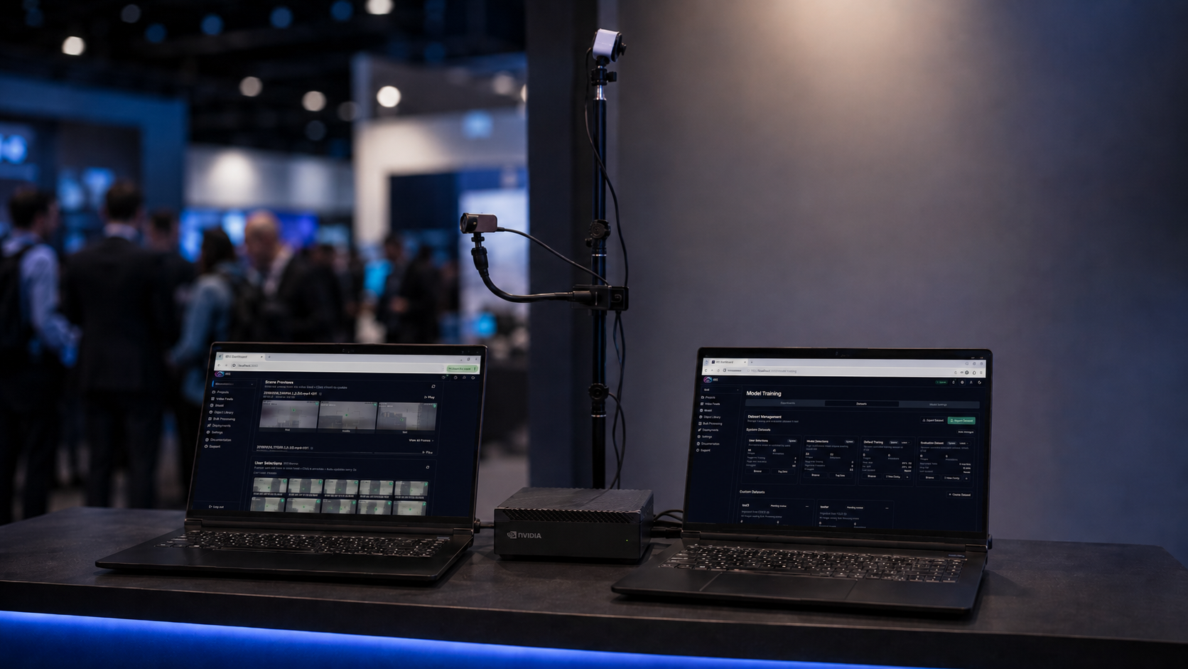 IRIS demonstration booth showing the platform running across two laptops connected to an NVIDIA edge device and live cameras at a technology conference
